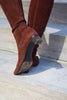 céline square-toed calfskin suede riding boots in chocolate brown